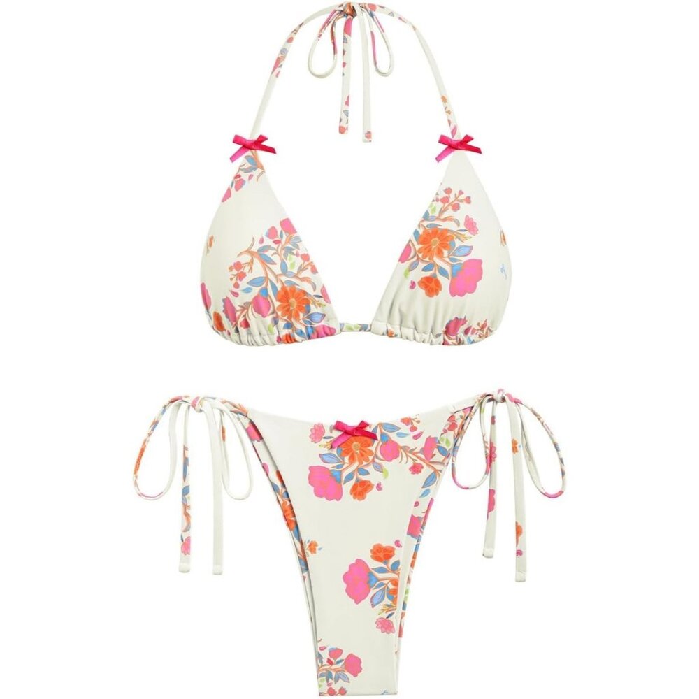 Seamoly LARGE Picot Trim Bow Halter Triangle String Tie Side Bikini Swimsuit NEW